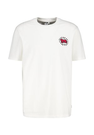 White cotton t-shirt with short sleeves, round neckline, featuring a pink and black graphic design on the left chest area.