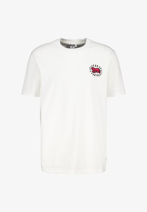 White cotton t-shirt with short sleeves, round neckline, featuring a pink and black graphic design on the left chest area.