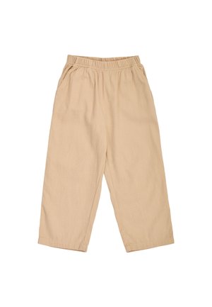 Beige bukser med elastisk talje, sidelommer, lige ben og en afslappet pasform, vist på en hvid baggrund.