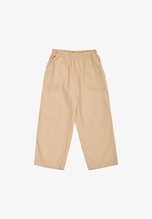 Beige broek met elastische taille, zijzakken, rechte pijpen en een ontspannen pasvorm, afgebeeld op een witte achtergrond.