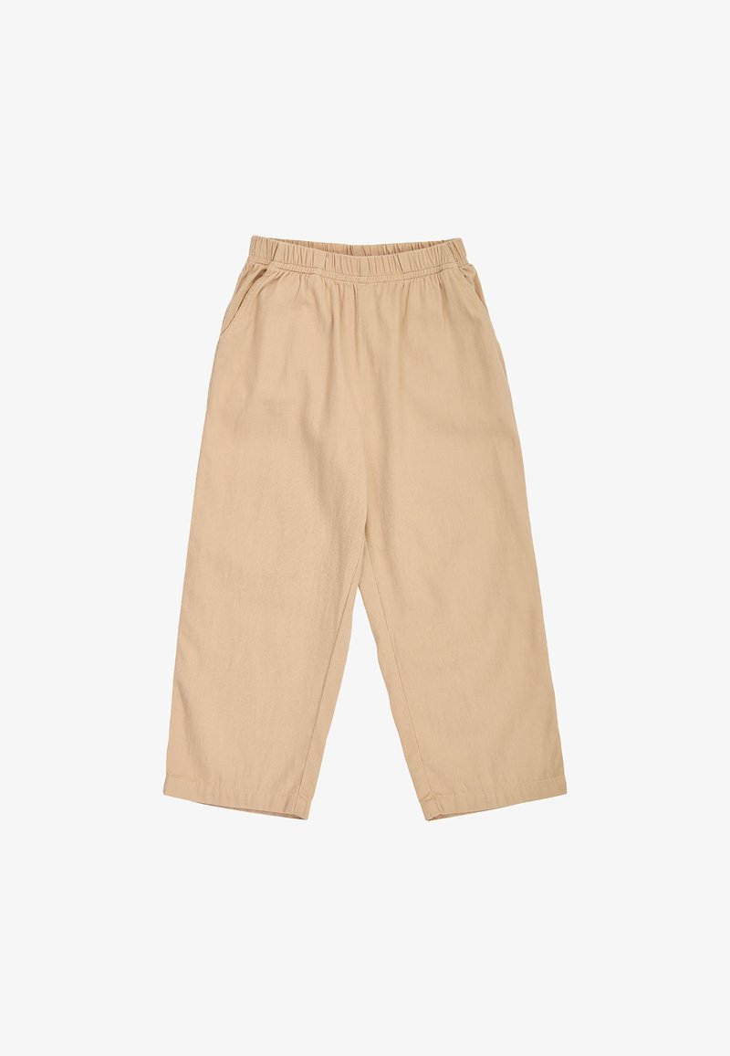 Pantalon beige à taille élastique, poches latérales, jambes droites et coupe décontractée, présenté sur fond blanc.
