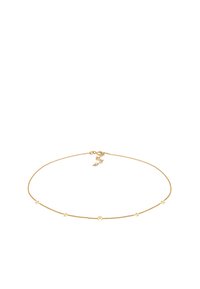 Collana choker in oro con una sottile catena decorata con charm a forma di stella e luna, dal texture liscia e dotata di chiusura a moschettone.