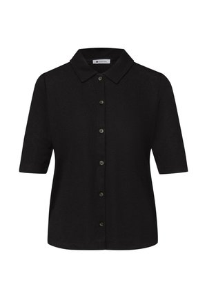 Czarna koszula na krótki rękaw z kołnierzykiem w szpic i sześcioma guzikami z przodu, wyświetlana na białym tle.