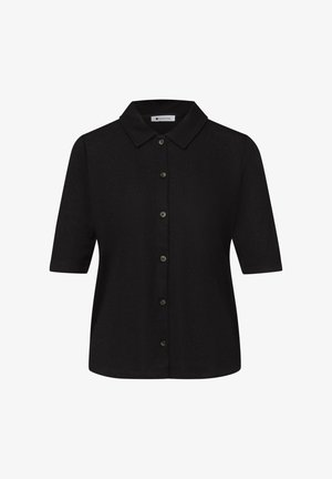 Czarna koszula na krótki rękaw z kołnierzykiem w szpic i sześcioma guzikami z przodu, wyświetlana na białym tle.