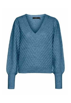 Maglione blu con scollo a V, caratterizzato da un motivo a zig zag testurizzato, con maniche lunghe a palloncino e polsini e orlo a coste. Realizzato in un morbido materiale a maglia.