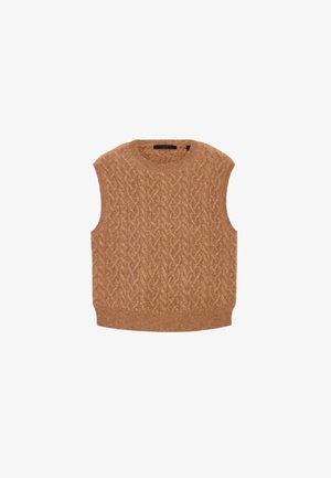 Maglione senza maniche in maglia marrone chiaro con motivo a trecce, collo rotondo e orlo a coste. Texture morbida e vestibilità rilassata.