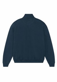 Sweat-shirt bleu marine avec col montant, manches longues, poignets et taille côtelés. Texture lisse et couleur unie, sans logos ni motifs visibles.