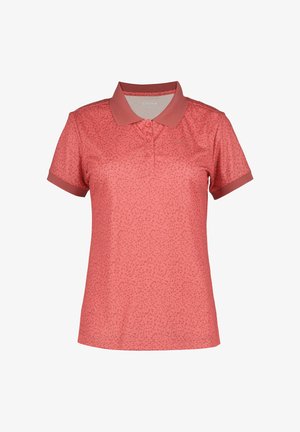 Polo coral de manga corta para mujer con un sutil patrón floral, tapeta de tres botones y cuello y borde de las mangas lisos.
