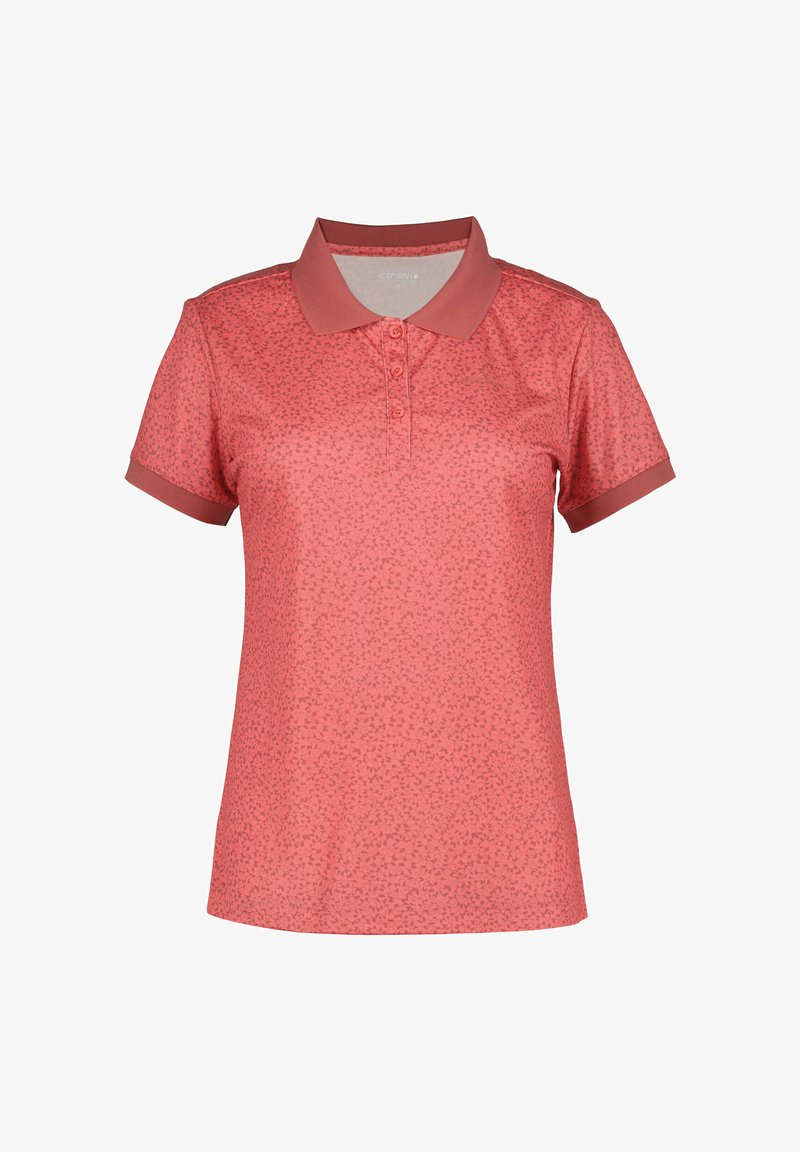 Polo corail pour femme à manches courtes avec un motif floral subtil, une patte de boutonnage à trois boutons, et un col ainsi que des bordures de manches unis.