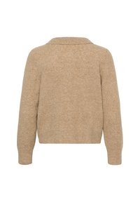 Bēša, teksturēta džemperis ar apkakli, garām piedurknēm un īsu griezumu. Ribotais apakšmalas un piedurkņu gals papildina izskatu.