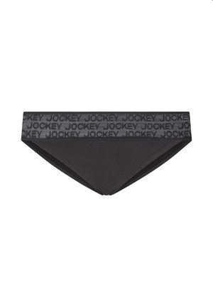 Culotte de bikini noire avec une bande élastique texturée affichant le logo « JOCKEY » en répétition. Tissu lisse et forme épurée sans motifs supplémentaires.