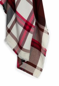Sciarpa a quadri nei toni crema, rosso e marrone. Presenta bordi frangiati e una consistenza morbida. Il design include grandi quadrati e linee sottili.