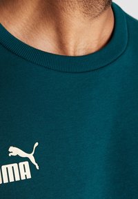 Tmavě modrý svetr s žebrovaným výstřihem. Na přední části se nachází bílé potiskové logo s nápisem "Puma" a doprovodná grafika skákající pumy.