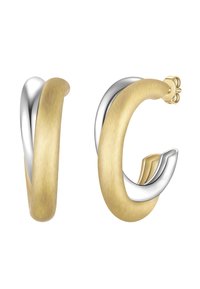 Gold- und Silber-verdrehte Creolen mit gebürstetem Gold-Finish und polierten silbernen Akzenten. Schlankes, modernes Design mit einer geschichteten Optik.