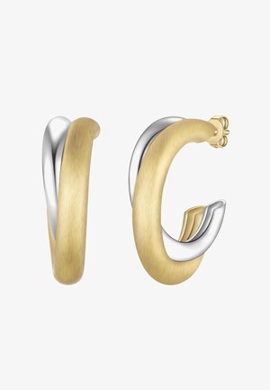 Cercei tip cerc răsuciți din aur și argint, cu finisaj auriu periat și accente argintii lustruite. Design elegant și modern, cu un aspect stratificat.