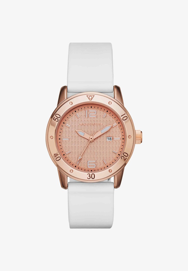 Montre-bracelet ronde en or rose avec cadran texturé, bracelet blanc, affichage de la date à 3 heures et aiguilles lumineuses des heures, minutes et secondes.