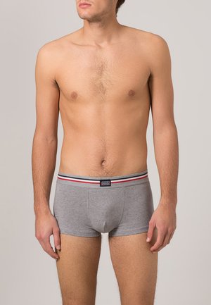 Grå bomuldsboxerbriefs med en tætsiddende design, med et sort taljebånd med røde og blå striber samt et logo label foran.