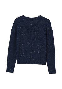 Navyblauer gestrickter Pullover mit gerippter Textur, weitem Ausschnitt und langen Ärmeln. Verfügt über Farbspritzer in verschiedenen Farben im Stoff.