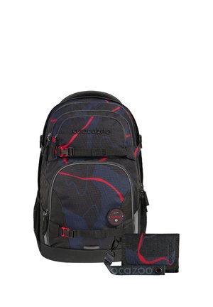 Black and dark blue backpack with red abstract lines, multiple compartments, two horizontal straps, and matching wallet with clip.