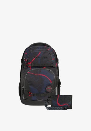 Black and dark blue backpack with red abstract lines, multiple compartments, two horizontal straps, and matching wallet with clip.