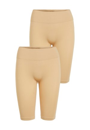 Beige thigh-length shorts made of stretchable fabric, featuring a wide ribbed waistband and smooth texture, presented as a pair.