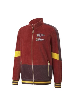 Red and dark purple velour jacket with high collar, yellow stripe, embroidered logos, zipper closure, and ribbed cuffs and hem.