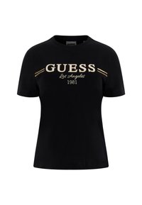 Čierne bavlnené tričko s okrúhlym výstrihom, krátkymi rukávmi a zlatom vyšitým textom "GUESS Los Angeles 1981" s horizontálnymi pruhmi.