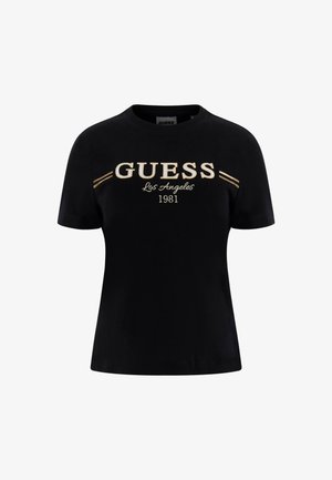 Black cotton t-shirt featuring a round neck, short sleeves, and gold embroidered text "GUESS Los Angeles 1981" with horizontal stripes.