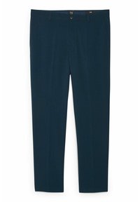 Pantalon bleu marine foncé avec une texture lisse, coupe droite, et une ceinture munie d'un bouton et d'une fermeture éclair. Deux poches latérales incluses.