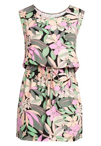 Blumenkleid mit schwarzem Hintergrund und rosa, grünen und beigen Blumen. Verfügt über einen lockeren Schnitt, einen runden Ausschnitt und einen verstellbaren Taillenzug.