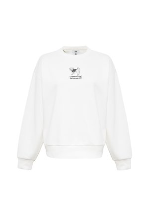 Weiße Sweatshirt mit Rundhalsausschnitt, langen Ärmeln und gerippten Bündchen. Mit einem schwarzen Grafikmotiv eines Hundes und Text in der Mitte.