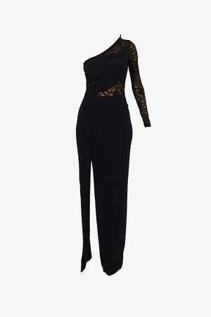 Schwarzer Jumpsuit mit asymmetrischem Ein-Schulter-Design; mit Spitzen-Details an einem Arm, glattem Stoff und figurbetonter Silhouette mit seitlichem Schlitz.