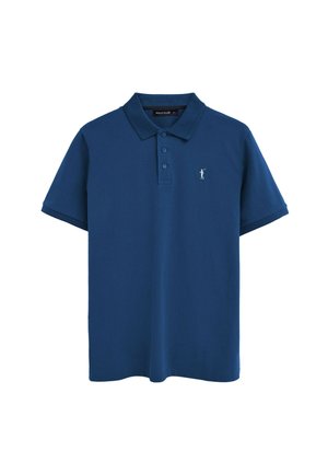 Granatowa koszulka polo z krótkim rękawem, kołnierzykiem, trzema guzikami oraz małym białym logo golfisty na lewej piersi.