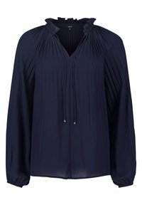 Blouse bleu marine avec design plissé, encolure à volants et manches longues. Présente un col en V et des liens à cordon avec des accents de perles.