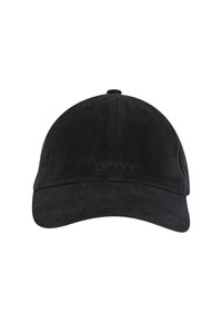 Gorra de béisbol negra hecha de algodón, con visera curvada, acentos cosidos y logotipo bordado en la parte frontal. Textura suave.