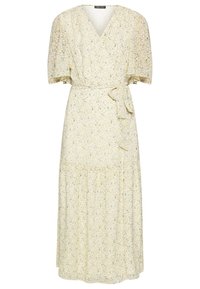 Žluté zavinovací šaty s květinovým vzorem, krátkými volánovými rukávy, páskem v oblasti pasu a sukni se sklady. Lehká tkanina, střední délka.