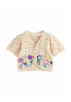 Cardigan à manches courtes tricoté en jaune pastel avec broderies florales, doté d'une fermeture à boutons et d'un ourlet festonné.