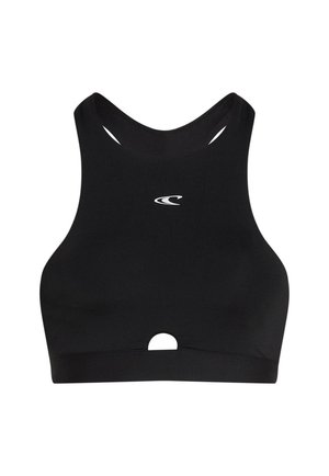 Czarny sportowy biustonosz z zaokrąglonym dekoltem i wycięciem typu racerback. Posiada centralne wycięcie i biały logo na przodzie. Gładki, elastyczny materiał.