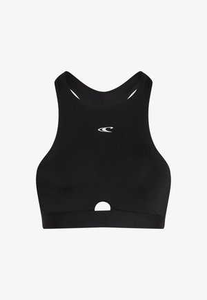 Czarny sportowy biustonosz z zaokrąglonym dekoltem i wycięciem typu racerback. Posiada centralne wycięcie i biały logo na przodzie. Gładki, elastyczny materiał.