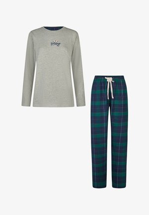 Grijze top met lange mouwen en "Holidays" borduursel, gecombineerd met geruite pyjamabroek in groen en marineblauw, voorzien van een taille met trekkoord.
