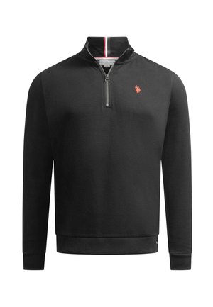 Schwarzer Sweatshirt mit Viertelreißverschluss aus weichem Material, mit rot gestickt Logo, gestreiftem Kragen und gerippten Bündchen und Saum.
