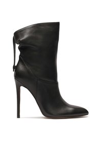 Black leather high-heeled boot with a pointed toe, slouchy ankle design, and a smooth texture. Features a stiletto heel and side detailing.