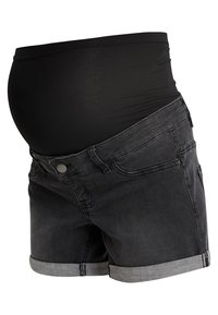 Calções de maternidade com uma faixa de tecido elástico preta e denim cinza escuro. Apresentam uma bainha feita e bolsos frontais para funcionalidade.