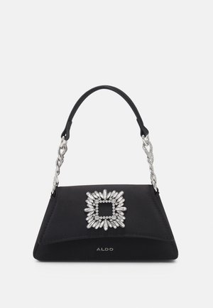 Sac à main rectangulaire noir avec anses chaîne argentées et un carré décoratif en pierre précieuse argentée à l'avant, marque ALDO.