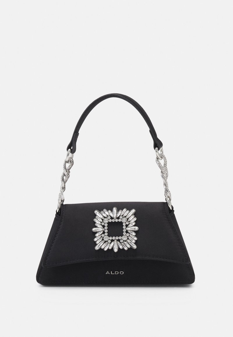 Sac à main rectangulaire noir avec anses chaîne argentées et un carré décoratif en pierre précieuse argentée à l'avant, marque ALDO.