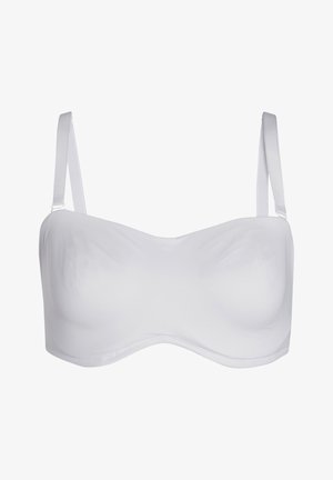 Soutien-gorge blanc sans bretelles avec une texture lisse, des bonnets légèrement rembourrés et des bretelles fines réglables. Design minimaliste avec des bords sans couture.