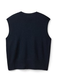 Granatowa bezrękawnik z dzianiny z prążkowanym wykończeniem i okrągłym dekoltem. Gładka tekstura i prosty design bez zdobień czy wzorów.