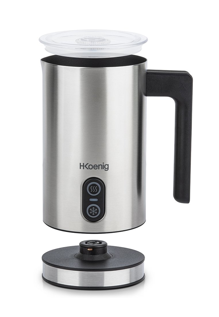 Frullatore elettrico in acciaio inossidabile per latte con manico nero, coperchio trasparente, pulsanti di controllo e base rotonda staccabile su sfondo bianco.