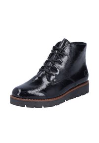 Bottes de cheville en patin noir avec un bout rond, finition texturée, design à lacets et semelle en caoutchouc avec un accent marron le long de la base.