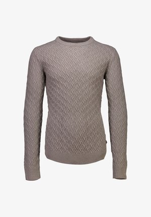 Jasnoszara, dzianinowa bluza z teksturowanym wzorem w diamenty, okrągłym dekoltem oraz prążkowanymi mankietami i dołem. Miękka tkanina, swobodny krój.